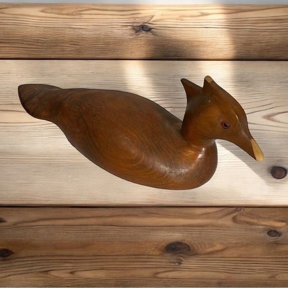 12.5” Wooden Carved Duck Decoy Brown Stripped Wood - Picture 2 of 11